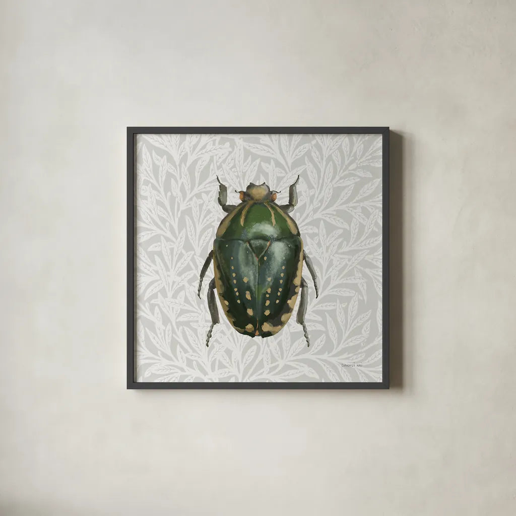 Beetles and Butterflies II by Danhui Nai. Shown in a sleek black glass frame for a contemporary gallery look. Available as an archival giclee rolled canvas, fine art paper, or poster print. SKU 86645a.