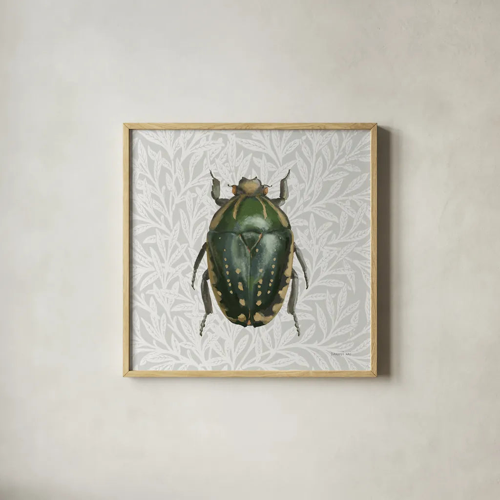 Beetles and Butterflies II by Danhui Nai. Shown in a natural wood glass frame for a timeless modern aesthetic. Available as an archival giclee rolled canvas, fine art paper, or poster print. SKU 86645a.