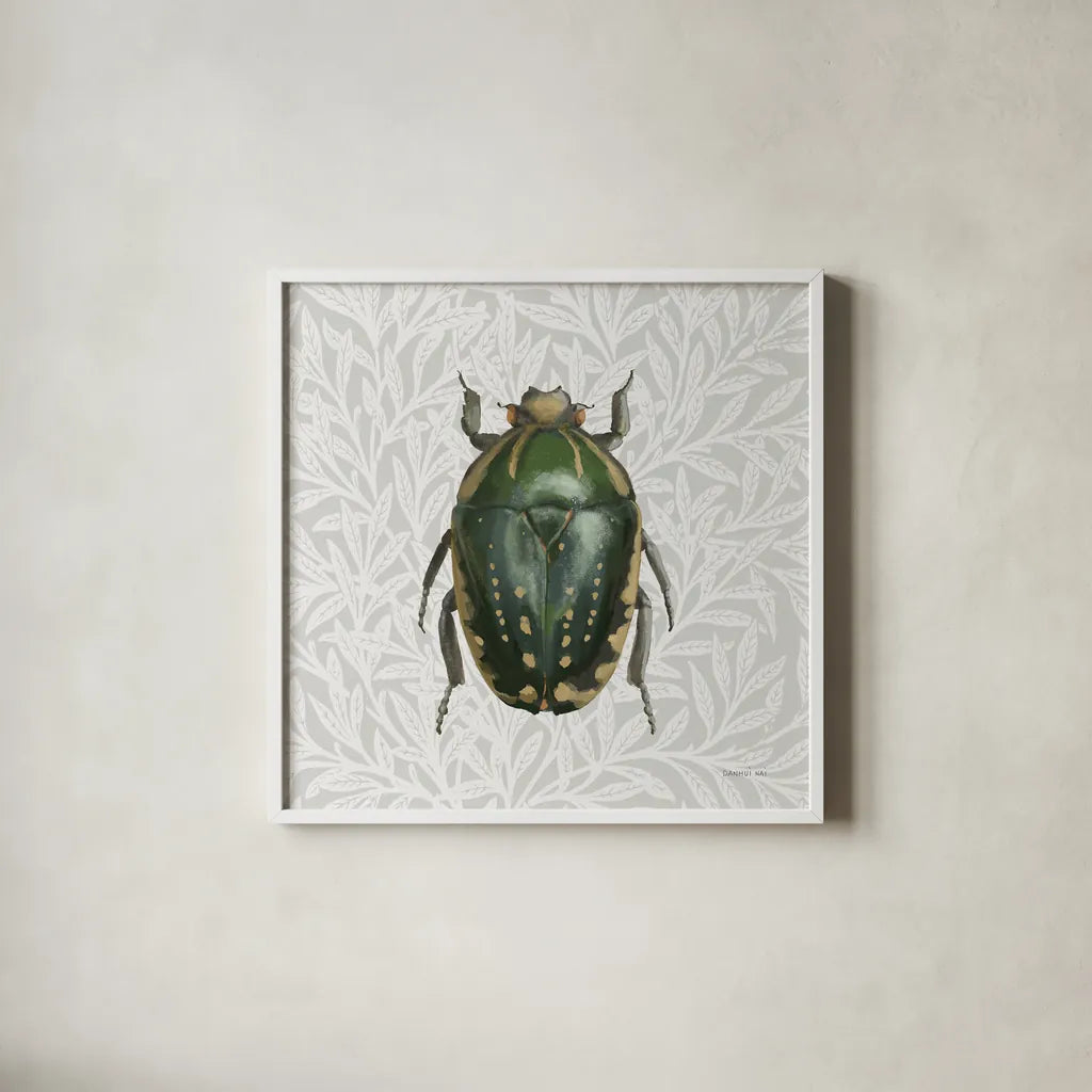 Beetles and Butterflies II by Danhui Nai. Shown in a crisp white glass frame for a clean and minimalist style. Available as an archival giclee rolled canvas, fine art paper, or poster print. SKU 86645a.
