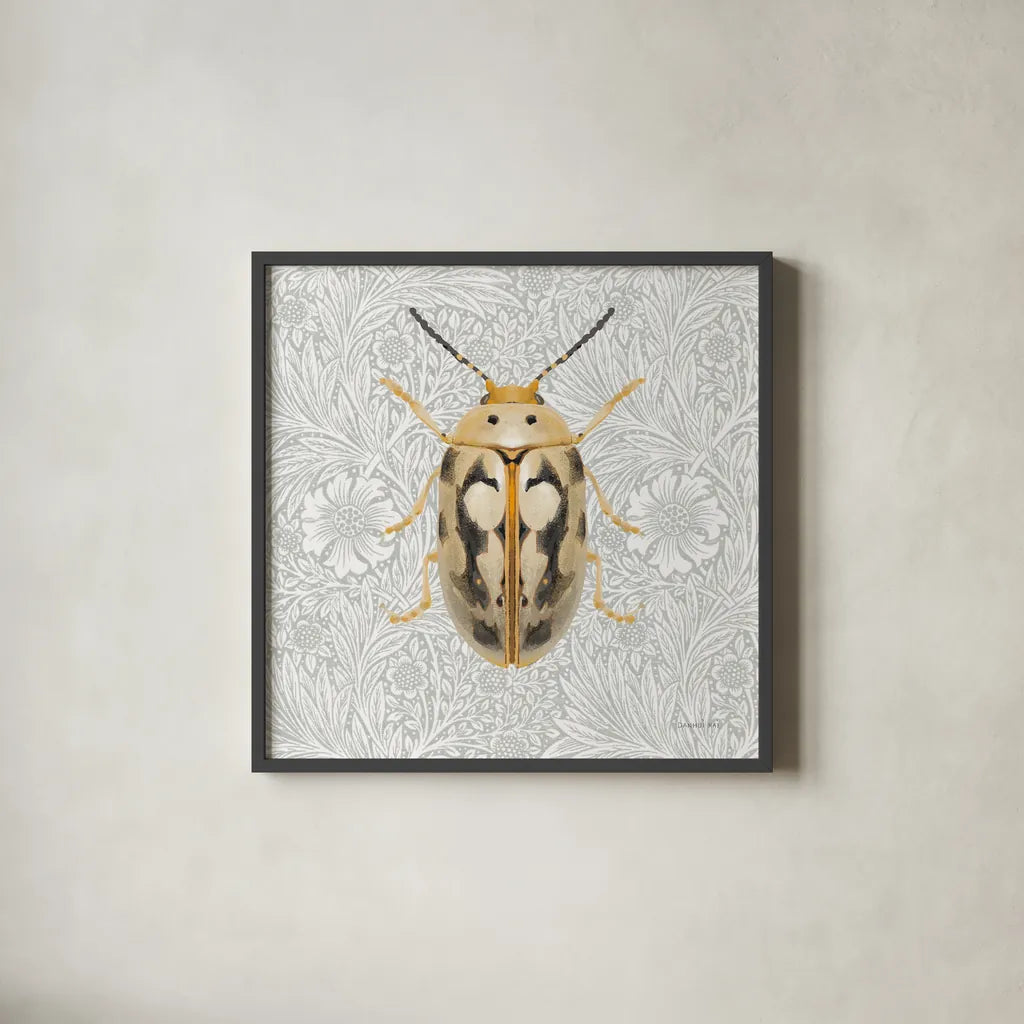 Beetles and Butterflies III by Danhui Nai. Shown in a sleek black glass frame for a contemporary gallery look. Available as an archival giclee rolled canvas, fine art paper, or poster print. SKU 86646a.