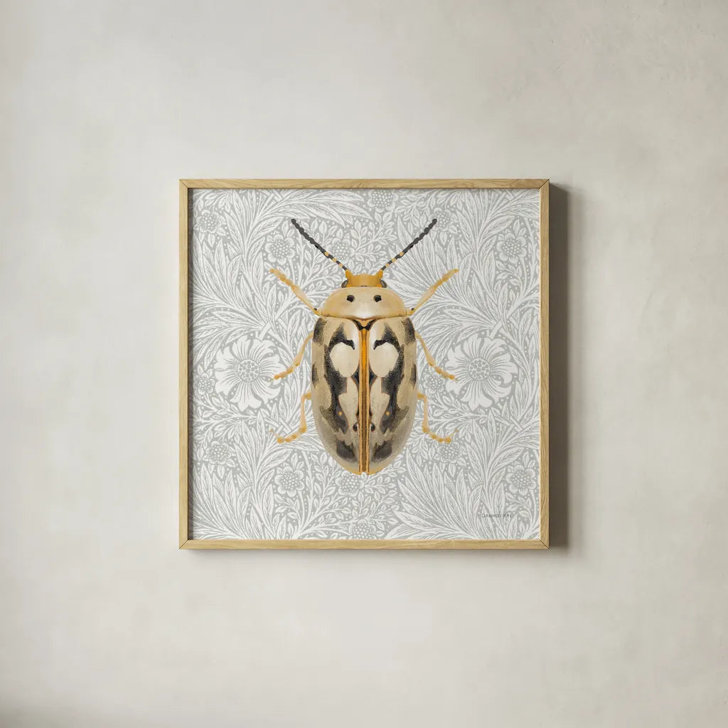 Beetles and Butterflies III by Danhui Nai. Shown in a natural wood glass frame for a timeless modern aesthetic. Available as an archival giclee rolled canvas, fine art paper, or poster print. SKU 86646a.