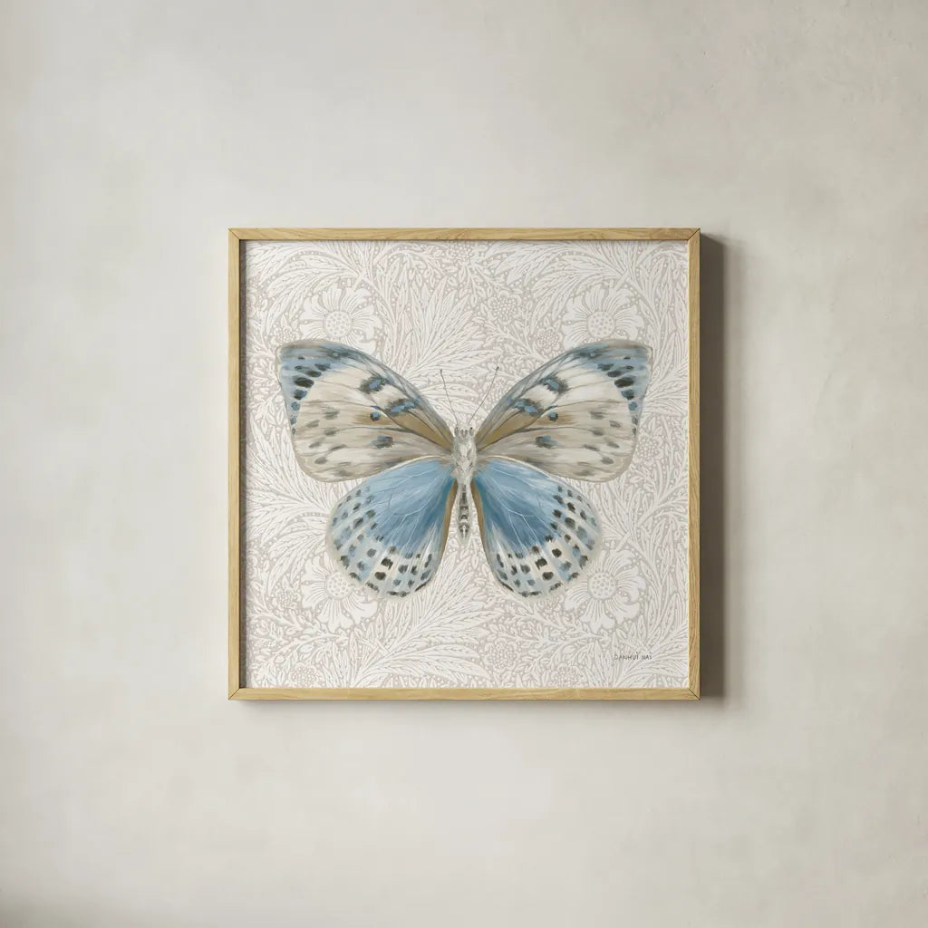 Beetles and Butterflies IV by Danhui Nai. Shown in a natural wood glass frame for a timeless modern aesthetic. Available as an archival giclee rolled canvas, fine art paper, or poster print. SKU 86647a.