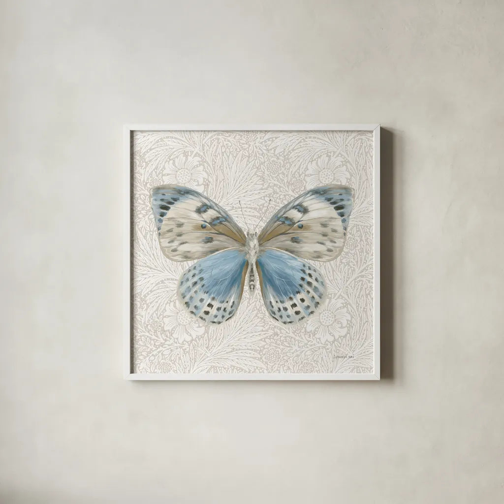 Beetles and Butterflies IV by Danhui Nai. Shown in a crisp white glass frame for a clean and minimalist style. Available as an archival giclee rolled canvas, fine art paper, or poster print. SKU 86647a.