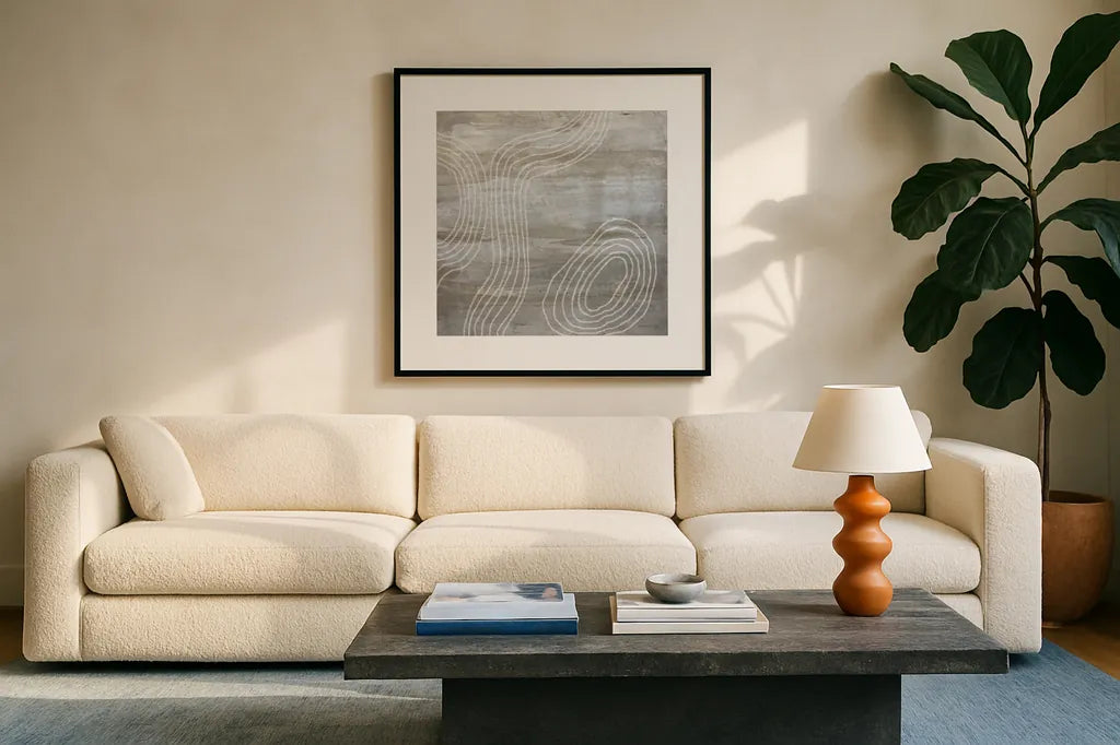 Beige Abstract II by Danhui Nai. Displayed in a glass frame with matte in a clean modern living room. Available as an archival giclee rolled canvas, fine art paper, or poster print. SKU 84420a.