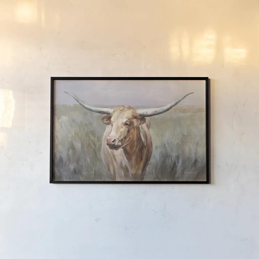 Big Sky Longhorn by Danhui Nai. shown as a paper print in a black flame. Available as a archival giclee rolled canvas, fine art paper, or poster print. SKU 75633i.