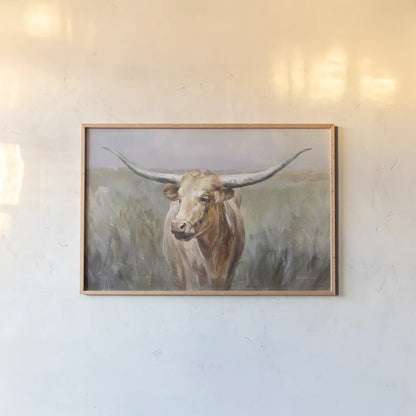 Big Sky Longhorn by Danhui Nai. shown as a paper print in a natural frame. Available as a archival giclee rolled canvas, fine art paper, or poster print. SKU 75633i.