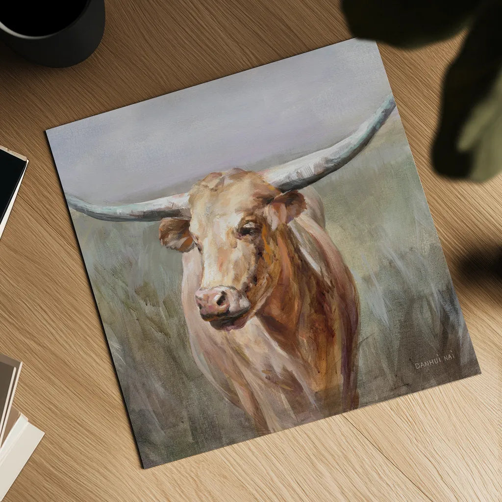 Big Sky Longhorn Crop by Danhui Nai. Shown as a detailed flat fine art print, highlighting archival giclee quality. Available as an archival giclee rolled canvas, fine art paper, or poster print. SKU 75633a.
