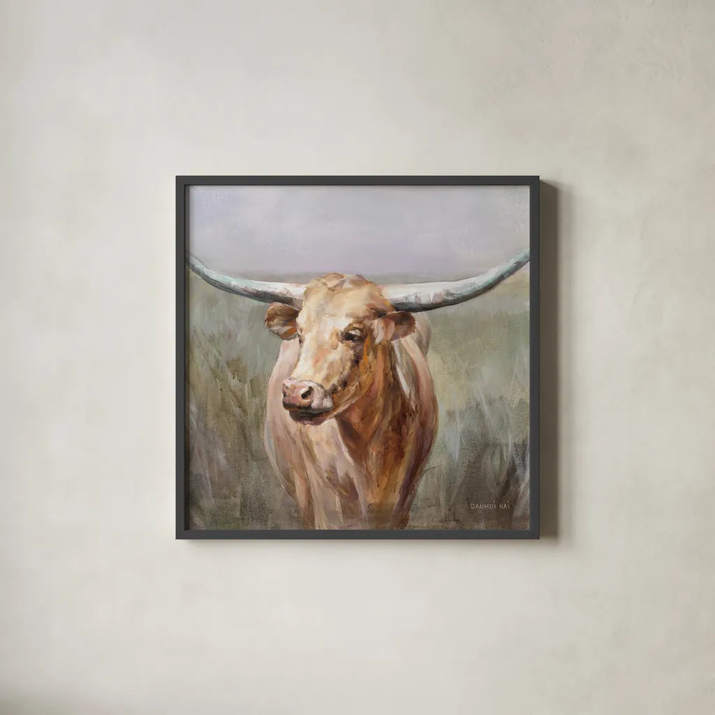 Big Sky Longhorn Crop by Danhui Nai. Shown in a sleek black glass frame for a contemporary gallery look. Available as an archival giclee rolled canvas, fine art paper, or poster print. SKU 75633a.
