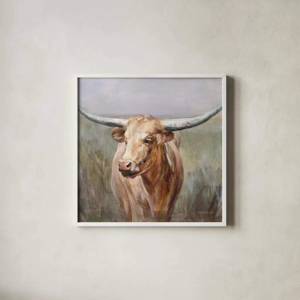 Big Sky Longhorn Crop by Danhui Nai. Shown in a crisp white glass frame for a clean and minimalist style. Available as an archival giclee rolled canvas, fine art paper, or poster print. SKU 75633a.