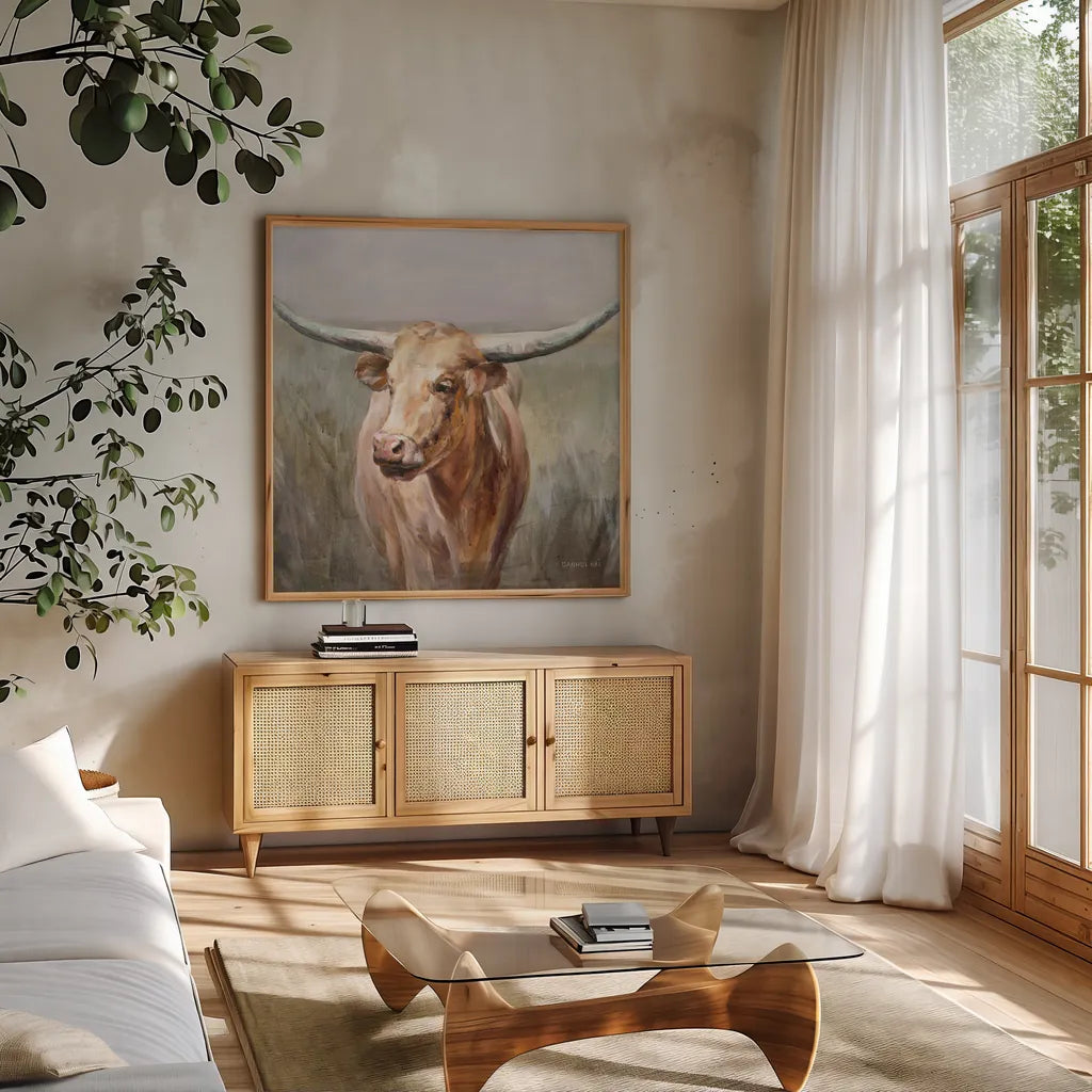 Big Sky Longhorn Crop by Danhui Nai. Shown in a natural wood frame in a cozy modern living room. Available as an archival giclee rolled canvas, fine art paper, or poster print. SKU 75633a.