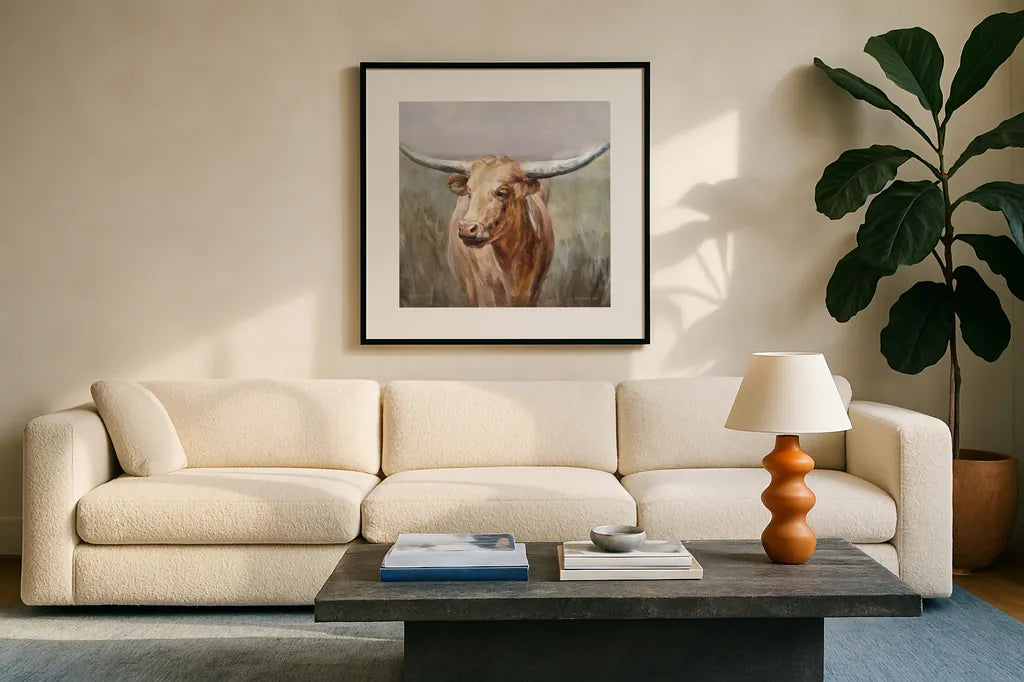 Big Sky Longhorn Crop by Danhui Nai. Displayed in a glass frame with matte in a clean modern living room. Available as an archival giclee rolled canvas, fine art paper, or poster print. SKU 75633a.