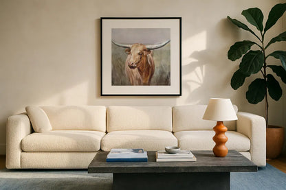 Big Sky Longhorn Crop by Danhui Nai. Displayed in a glass frame with matte in a clean modern living room. Available as an archival giclee rolled canvas, fine art paper, or poster print. SKU 75633a.