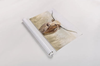Big Sky Longhorn Neutral by Danhui Nai. shown as a rolled paper print. Available as archival giclee rolled canvas, fine art paper, or poster print. SKU 77169i.