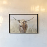Big Sky Longhorn Neutral by Danhui Nai. shown as a paper print in a black flame. Available as a archival giclee rolled canvas, fine art paper, or poster print. SKU 77169i.