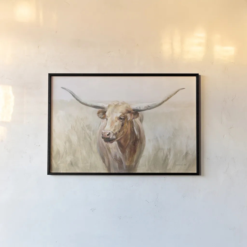 Big Sky Longhorn Neutral by Danhui Nai. shown as a paper print in a black flame. Available as a archival giclee rolled canvas, fine art paper, or poster print. SKU 77169i.