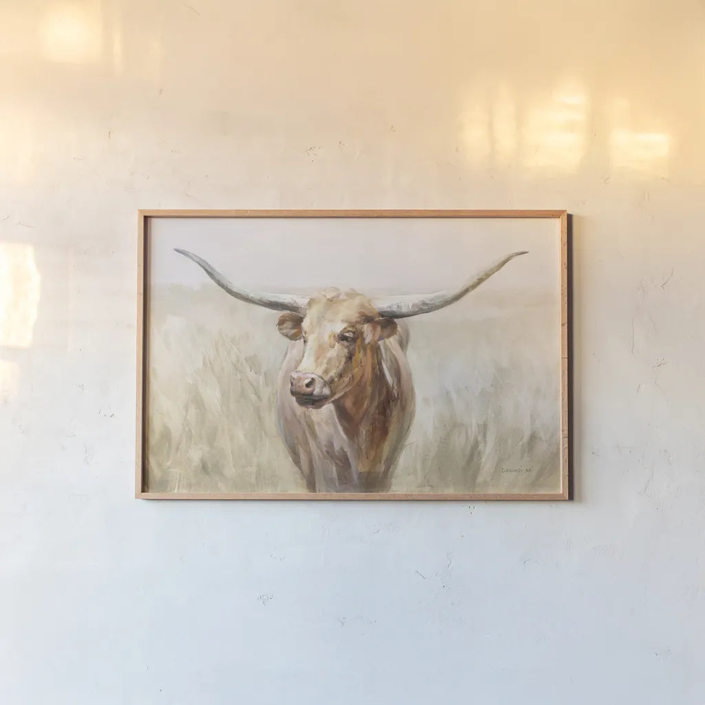 Big Sky Longhorn Neutral by Danhui Nai. shown as a paper print in a natural frame. Available as a archival giclee rolled canvas, fine art paper, or poster print. SKU 77169i.