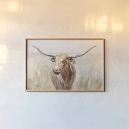 Big Sky Longhorn Neutral by Danhui Nai. shown as a paper print in a natural frame. Available as a archival giclee rolled canvas, fine art paper, or poster print. SKU 77169i.