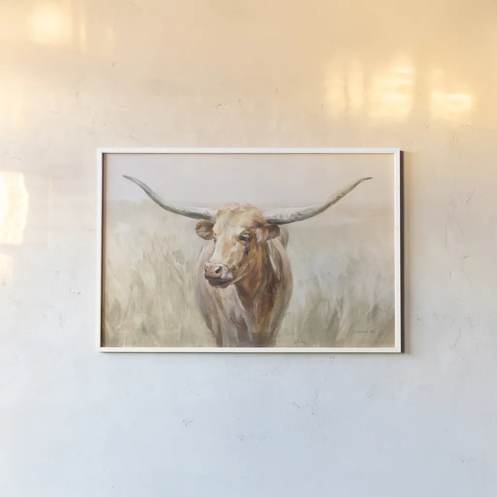 Big Sky Longhorn Neutral by Danhui Nai. shown as a paper print in a white frame. Available as a archival giclee rolled canvas, fine art paper, or poster print. SKU 77169i.