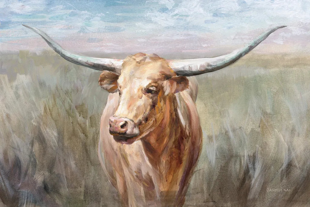 Big Sky Longhorn Sunset by Danhui Nai. SKU 76005i. Archival Giclee Fine art print for wall decor.