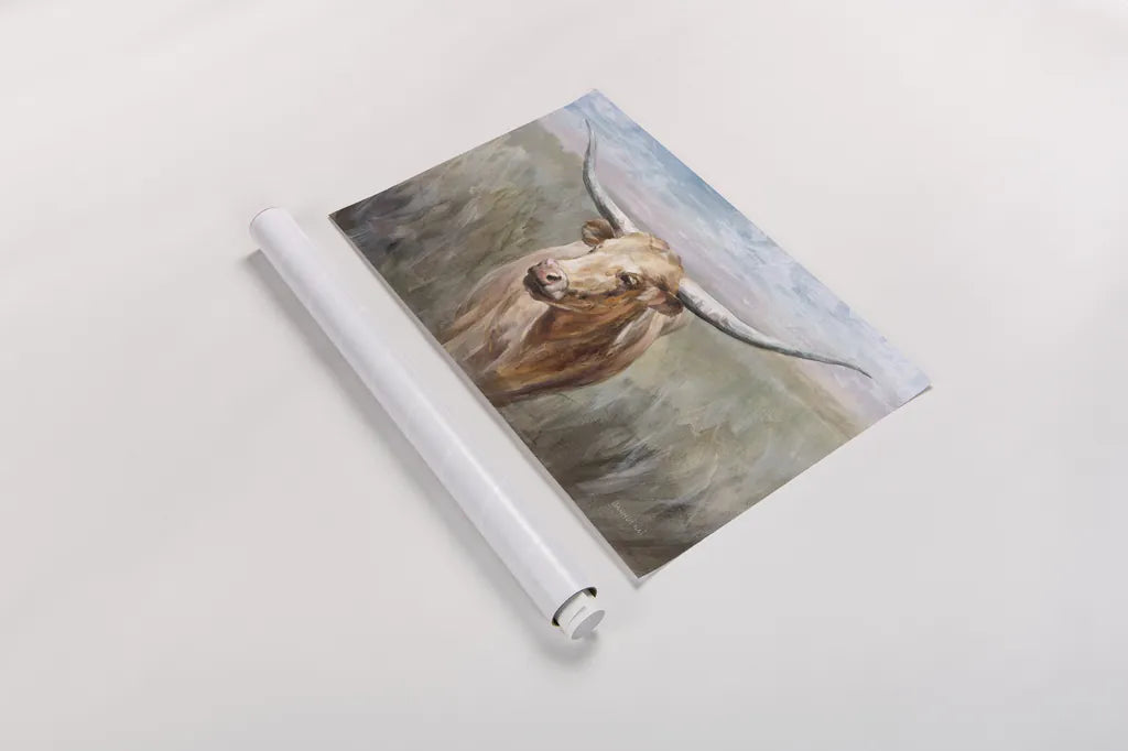 Big Sky Longhorn Sunset by Danhui Nai. shown as a rolled paper print. Available as archival giclee rolled canvas, fine art paper, or poster print. SKU 76005i.