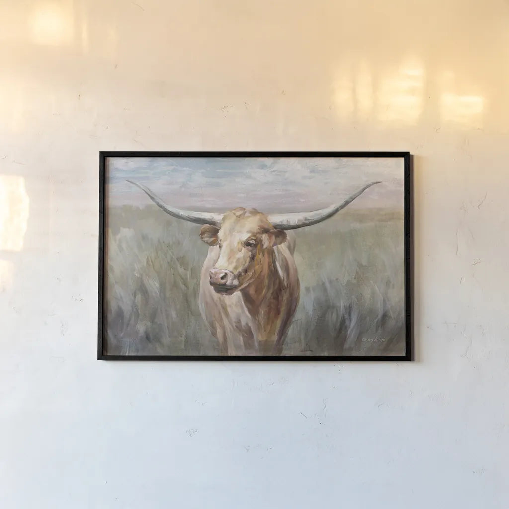 Big Sky Longhorn Sunset by Danhui Nai. shown as a paper print in a black flame. Available as a archival giclee rolled canvas, fine art paper, or poster print. SKU 76005i.
