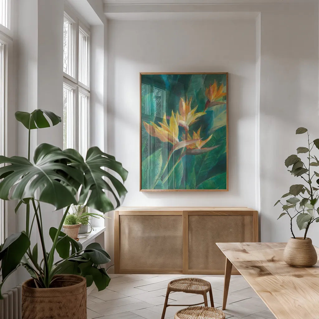 Bird of Paradise I Crop by Danhui Nai. shown as a print in a natural wood frame in a dining room. Available as a archival giclee rolled canvas, fine art paper, or poster print. SKU 54061h.