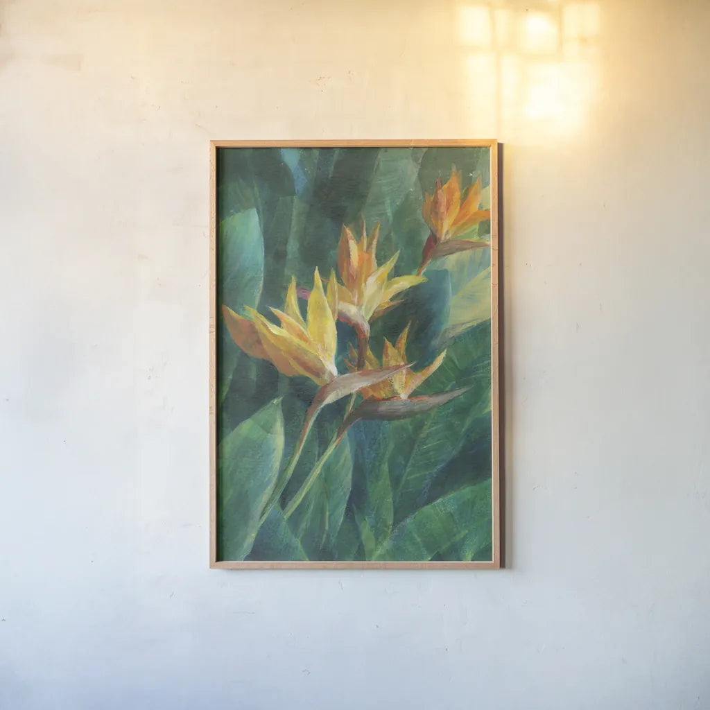 Bird of Paradise I Crop by Danhui Nai. shown as a paper print in a natural frame. Available as a archival giclee rolled canvas, fine art paper, or poster print. SKU 54061h.