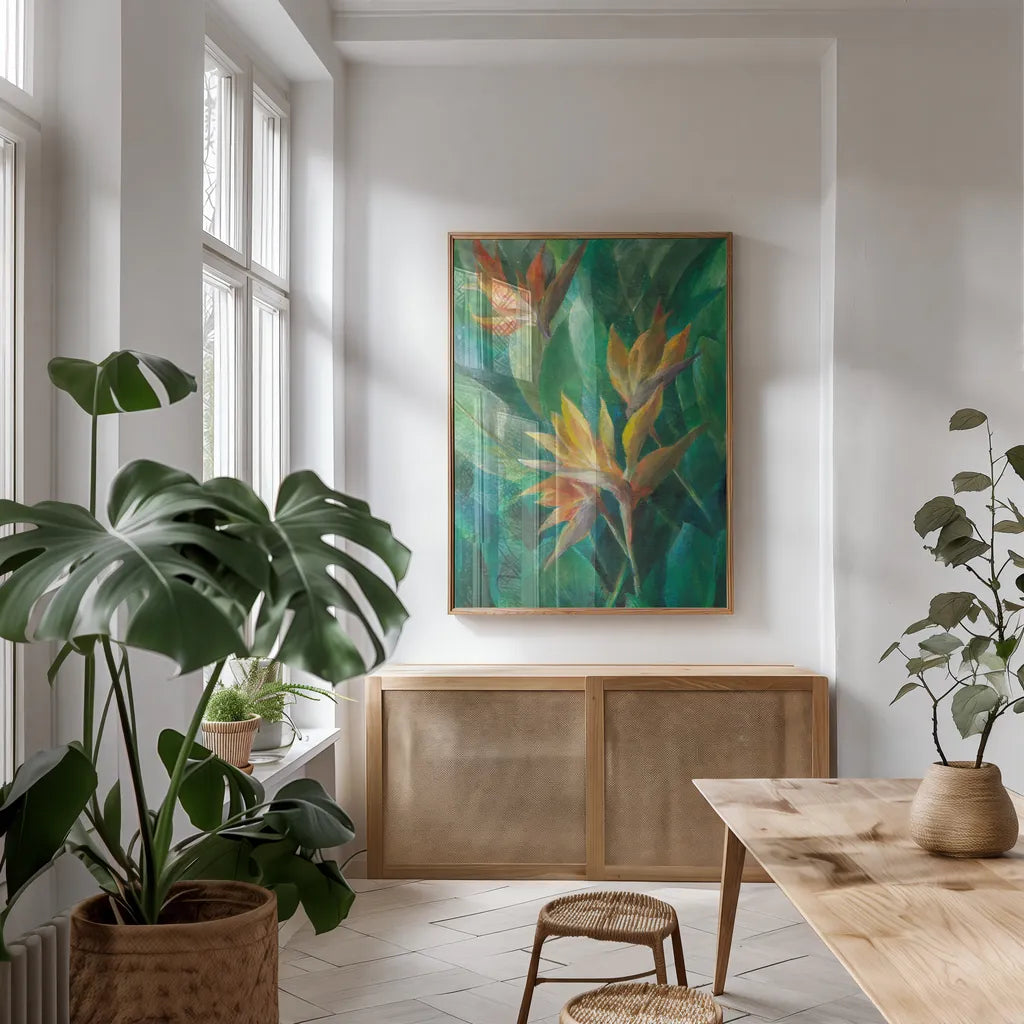 Bird of Paradise II Crop by Danhui Nai. shown as a print in a natural wood frame in a dining room. Available as a archival giclee rolled canvas, fine art paper, or poster print. SKU 54062h.