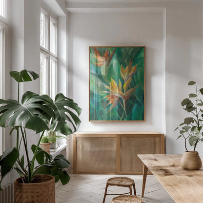 Bird of Paradise II Crop by Danhui Nai. shown as a print in a natural wood frame in a dining room. Available as a archival giclee rolled canvas, fine art paper, or poster print. SKU 54062h.