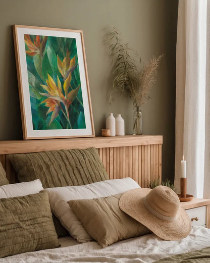 Bird of Paradise II Crop by Danhui Nai. shown as a paper print in a natural frame. Available as a archival giclee rolled canvas, fine art paper, or poster print. SKU 54062h.