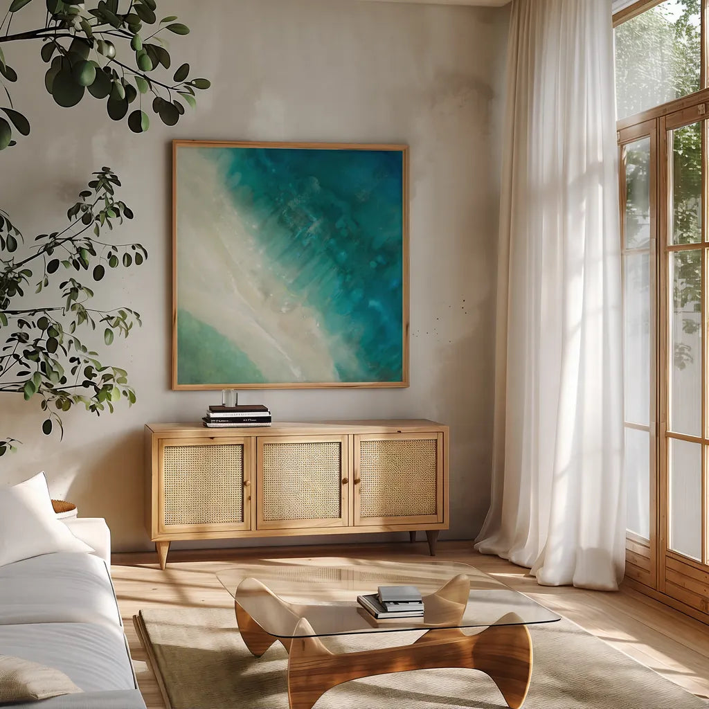 Birdseye View by Danhui Nai. Shown in a natural wood frame in a cozy modern living room. Available as an archival giclee rolled canvas, fine art paper, or poster print. SKU 54626a.