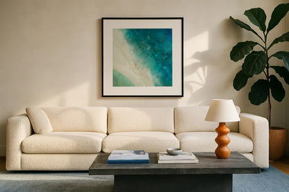 Birdseye View by Danhui Nai. Displayed in a glass frame with matte in a clean modern living room. Available as an archival giclee rolled canvas, fine art paper, or poster print. SKU 54626a.