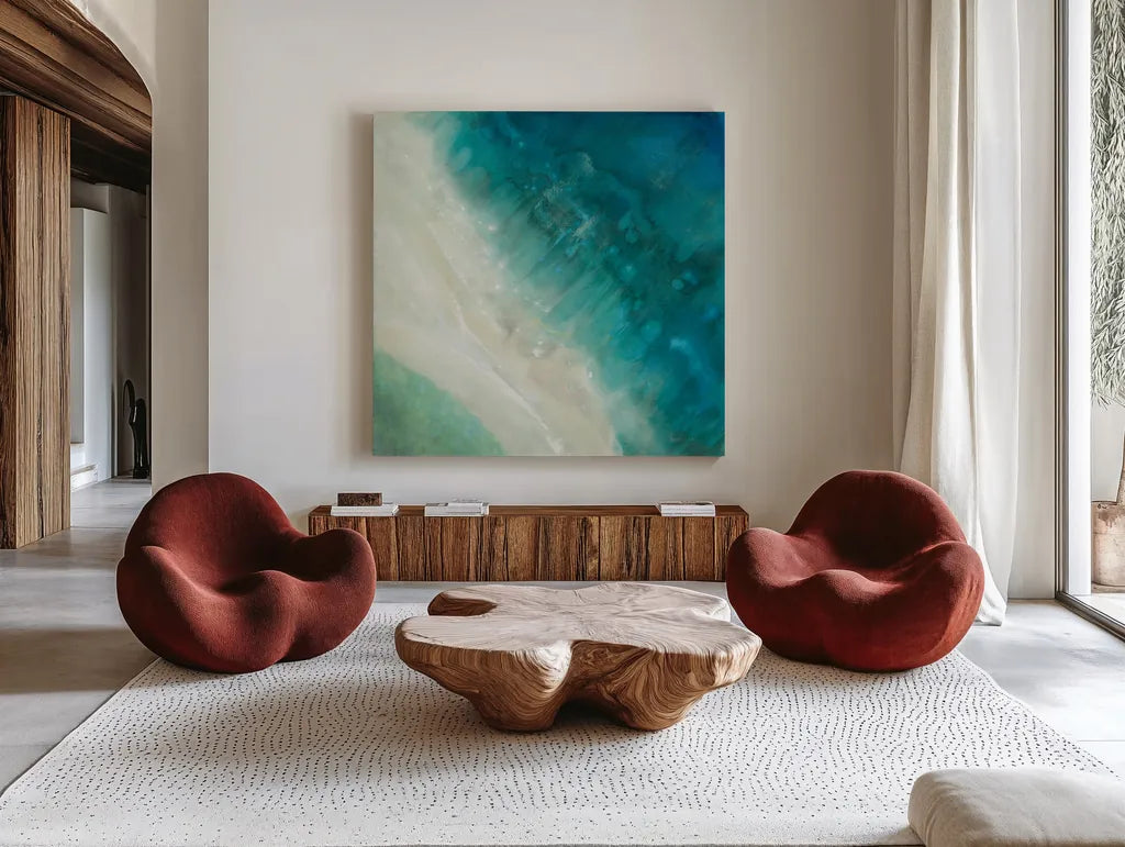 Birdseye View by Danhui Nai. Shown as extra-large giant wall art in a modern living room. Available as an archival giclee rolled canvas, fine art paper, or poster print. SKU 54626a.