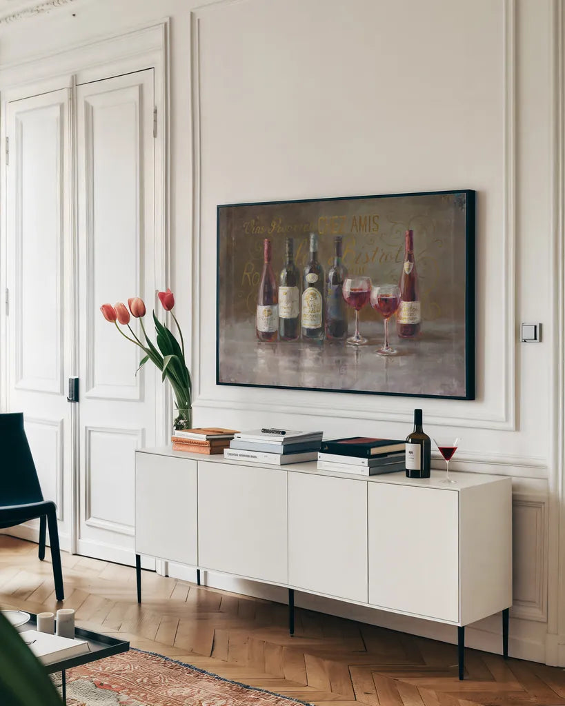 Bistro Reds by Danhui Nai. shown as a framed stretched canvas in a living room above a console. Available as a archival giclee rolled canvas, fine art paper, or poster print. SKU 25629i.