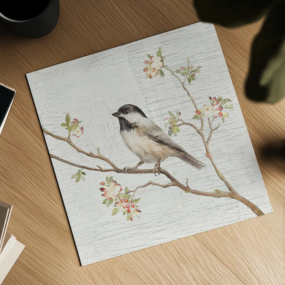 Black Capped Chickadee Vintage by Danhui Nai. Shown as a detailed flat fine art print, highlighting archival giclee quality. Available as an archival giclee rolled canvas, fine art paper, or poster print. SKU 28598a.