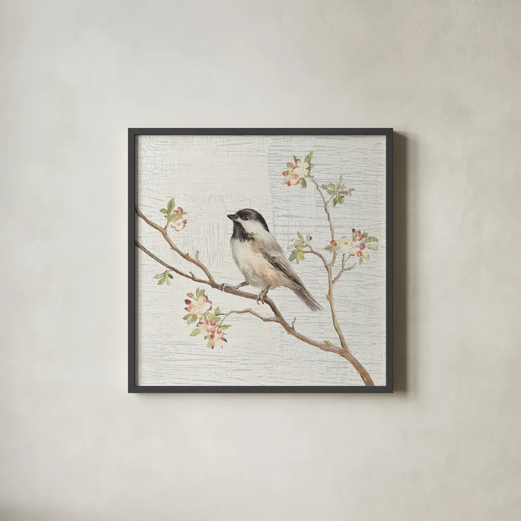 Black Capped Chickadee Vintage by Danhui Nai. Shown in a sleek black glass frame for a contemporary gallery look. Available as an archival giclee rolled canvas, fine art paper, or poster print. SKU 28598a.