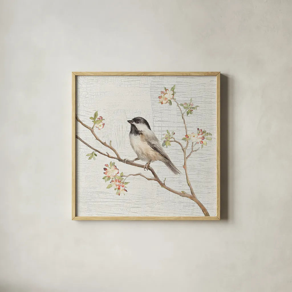 Black Capped Chickadee Vintage by Danhui Nai. Shown in a natural wood glass frame for a timeless modern aesthetic. Available as an archival giclee rolled canvas, fine art paper, or poster print. SKU 28598a.