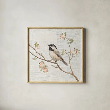 Black Capped Chickadee Vintage by Danhui Nai. Shown in a natural wood glass frame for a timeless modern aesthetic. Available as an archival giclee rolled canvas, fine art paper, or poster print. SKU 28598a.