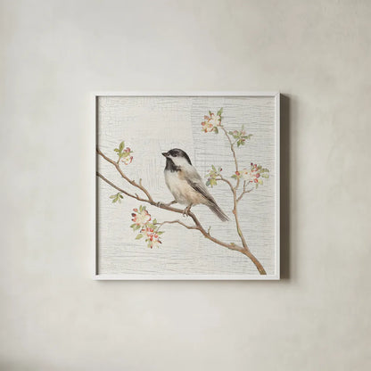 Black Capped Chickadee Vintage by Danhui Nai. Shown in a crisp white glass frame for a clean and minimalist style. Available as an archival giclee rolled canvas, fine art paper, or poster print. SKU 28598a.