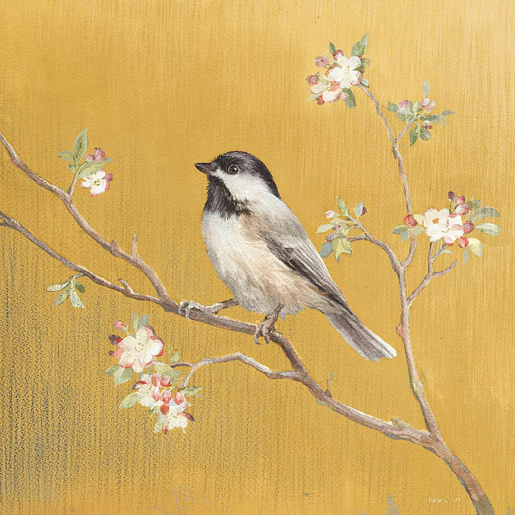 Black Capped Chickadee on Gold by Danhui Nai. SKU 24626a. Archival Giclee Fine art print for wall decor.
