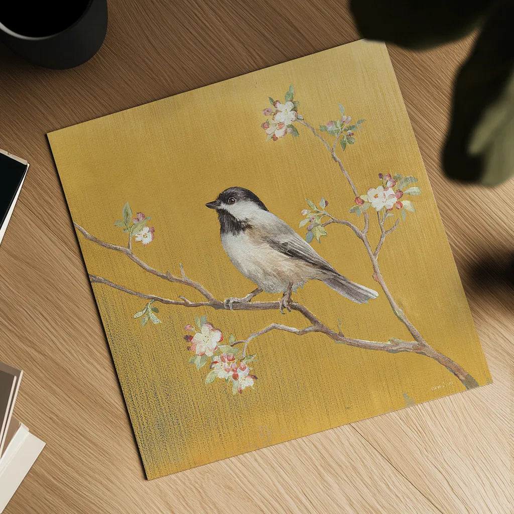 Black Capped Chickadee on Gold by Danhui Nai. Shown as a detailed flat fine art print, highlighting archival giclee quality. Available as an archival giclee rolled canvas, fine art paper, or poster print. SKU 24626a.