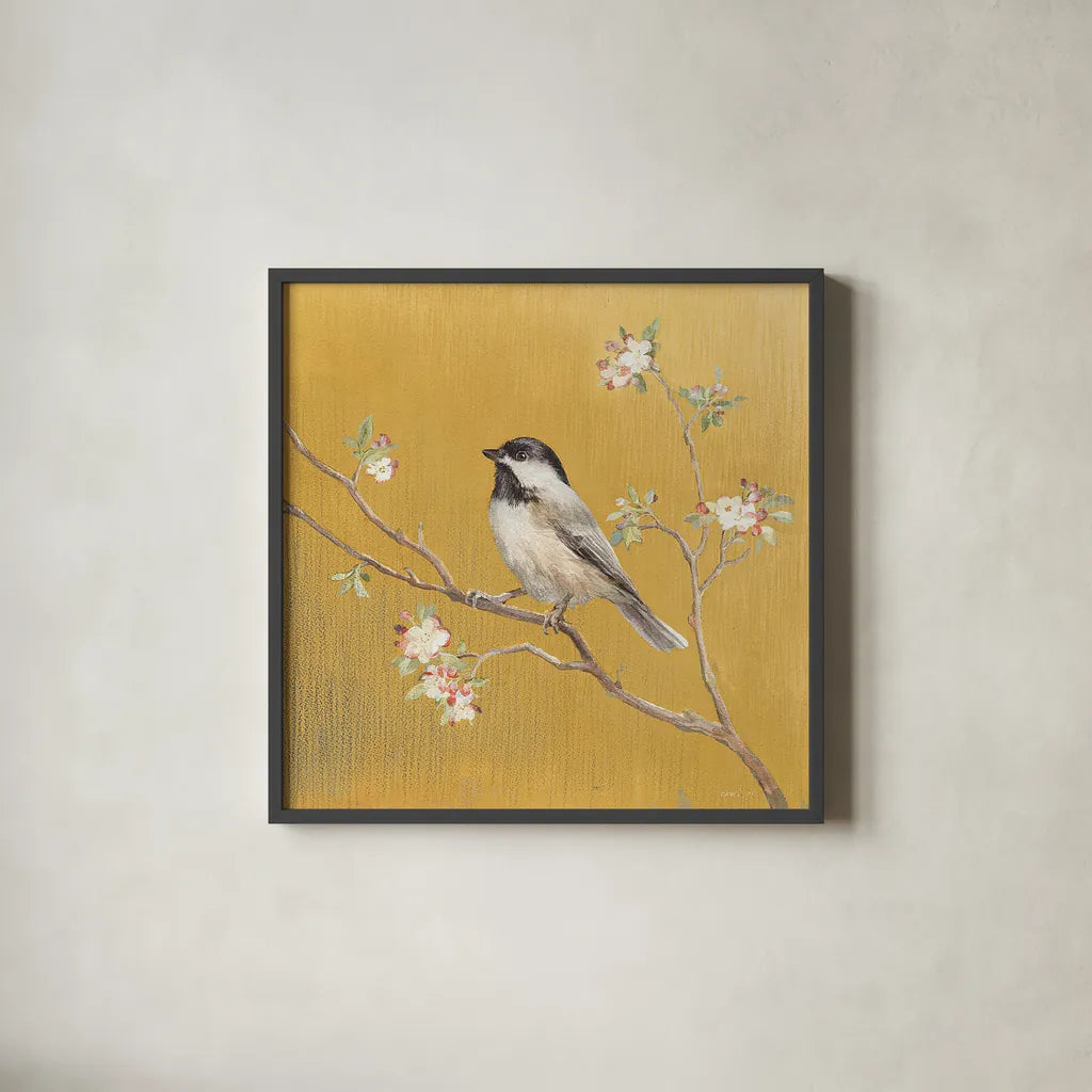 Black Capped Chickadee on Gold by Danhui Nai. Shown in a sleek black glass frame for a contemporary gallery look. Available as an archival giclee rolled canvas, fine art paper, or poster print. SKU 24626a.