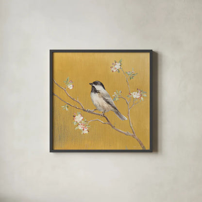 Black Capped Chickadee on Gold by Danhui Nai. Shown in a sleek black glass frame for a contemporary gallery look. Available as an archival giclee rolled canvas, fine art paper, or poster print. SKU 24626a.