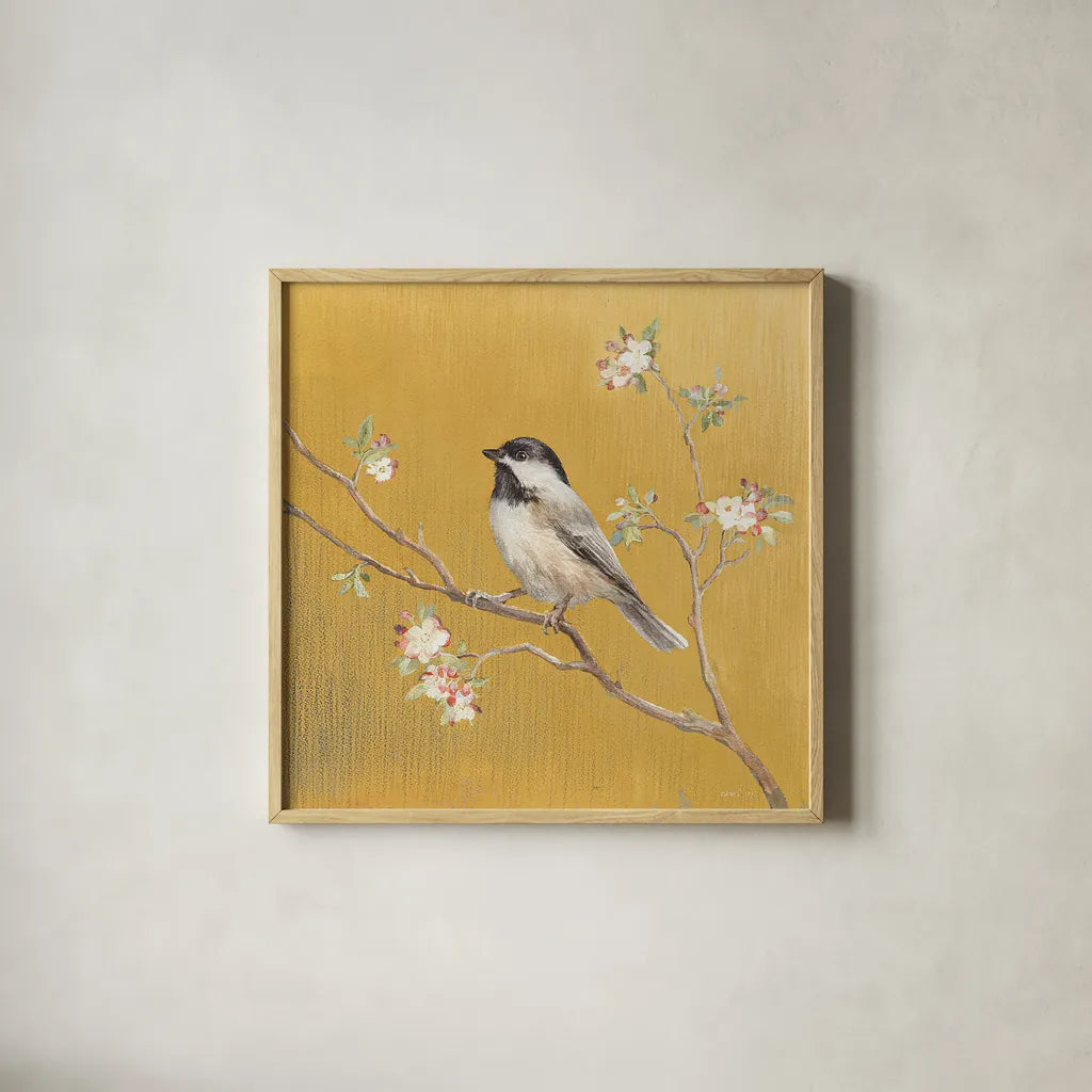 Black Capped Chickadee on Gold by Danhui Nai. Shown in a natural wood glass frame for a timeless modern aesthetic. Available as an archival giclee rolled canvas, fine art paper, or poster print. SKU 24626a.