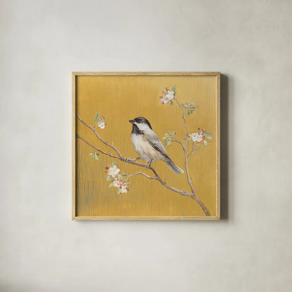 Black Capped Chickadee on Gold by Danhui Nai. Shown in a natural wood glass frame for a timeless modern aesthetic. Available as an archival giclee rolled canvas, fine art paper, or poster print. SKU 24626a.