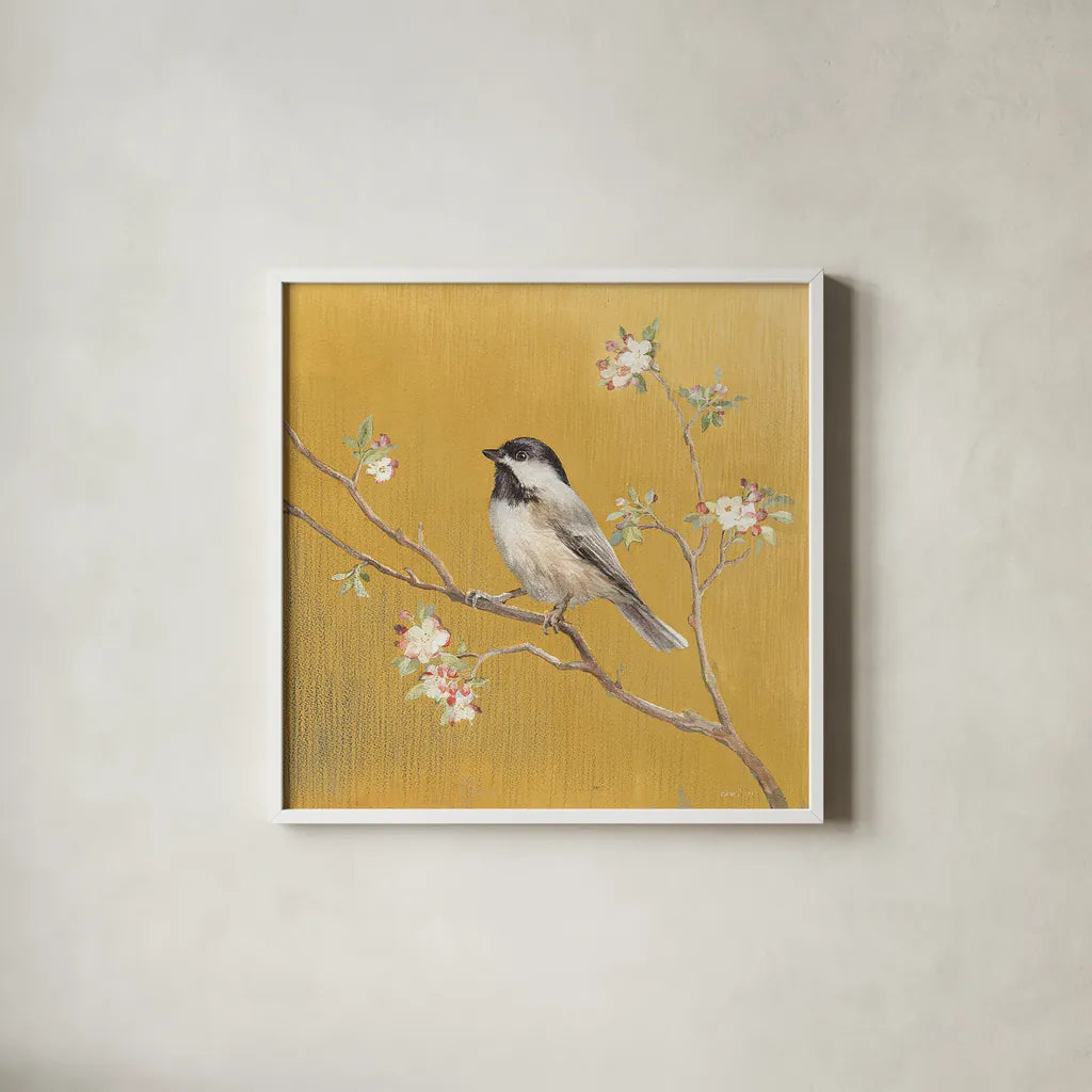 Black Capped Chickadee on Gold by Danhui Nai. Shown in a crisp white glass frame for a clean and minimalist style. Available as an archival giclee rolled canvas, fine art paper, or poster print. SKU 24626a.