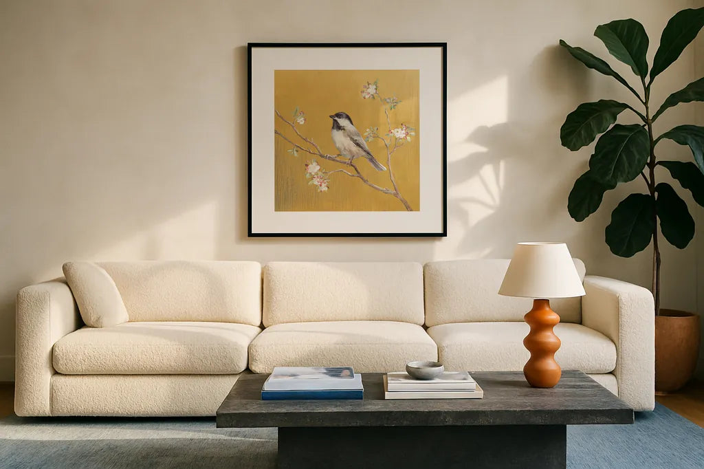 Black Capped Chickadee on Gold by Danhui Nai. Displayed in a glass frame with matte in a clean modern living room. Available as an archival giclee rolled canvas, fine art paper, or poster print. SKU 24626a.