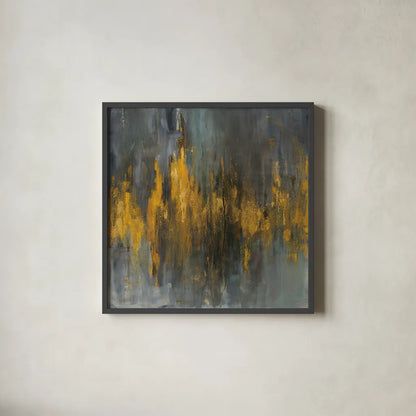 Black and Gold Abstract by Danhui Nai. Shown in a sleek black glass frame for a contemporary gallery look. Available as an archival giclee rolled canvas, fine art paper, or poster print. SKU 28388a.