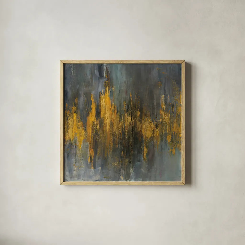 Black and Gold Abstract by Danhui Nai. Shown in a natural wood glass frame for a timeless modern aesthetic. Available as an archival giclee rolled canvas, fine art paper, or poster print. SKU 28388a.