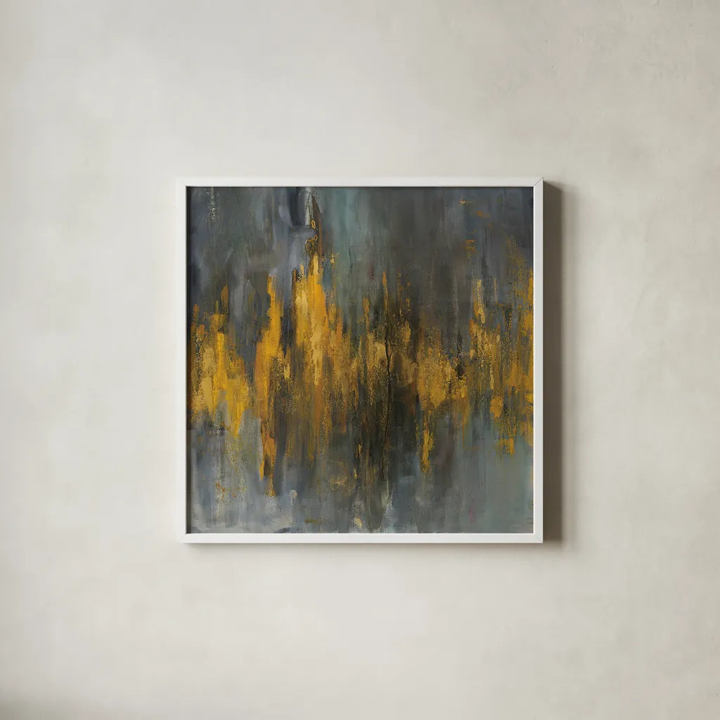 Black and Gold Abstract by Danhui Nai. Shown in a crisp white glass frame for a clean and minimalist style. Available as an archival giclee rolled canvas, fine art paper, or poster print. SKU 28388a.